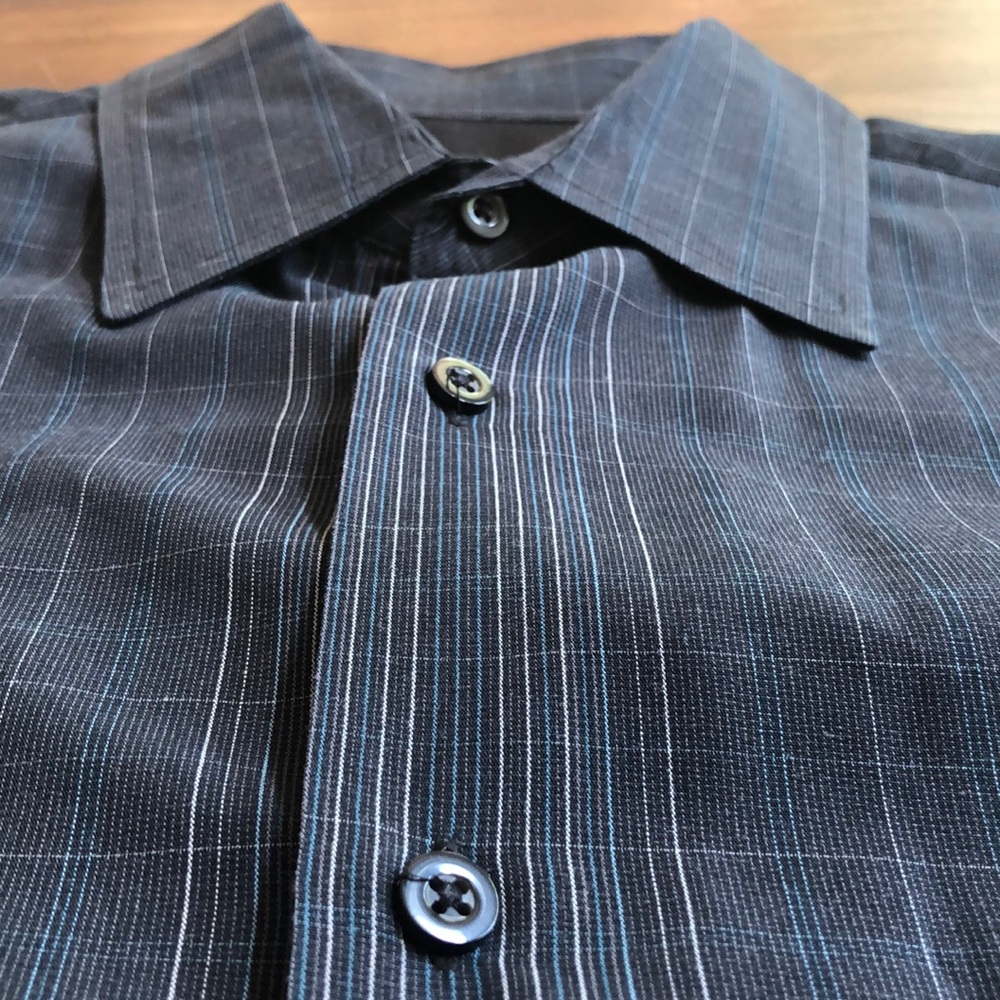 Alfani Men's Dress Shirt Charcoal Grey Blue Striped Long Sleeve Cotton Sz Large